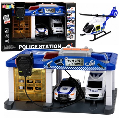 LEAN Toys Garaż Stacja Policyjna Radiowozy Helikopter Krótkofalówka Światła Dźwięki