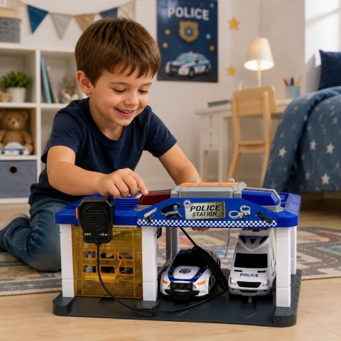 LEAN Toys Garaż Stacja Policyjna Radiowozy Helikopter Krótkofalówka Światła Dźwięki