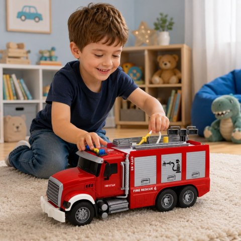 LEAN Toys Wóz Strażacki Straż Pożarna Rozsuwana Drabina Wąż Na Wodę Światła Dźwięki