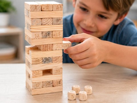 JOKOMISIADA Gra zręcznościowa Chwiejna wieża z klocków + 4 kości DREWNIANE ZA6294
