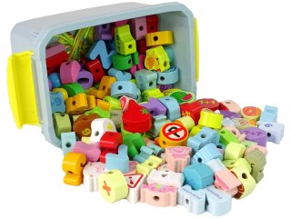 LEAN Toys Drewniane Klocki Koraliki Zestaw Edukacyjny Litery Liczby Do Nawlekania