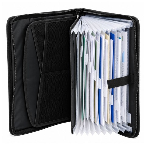LEAN Teczka Organizer Na Dokumenty Z Przegródkami Kieszonki Zamek A4 Czarna