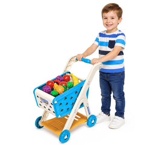 LEAN Toys Wózek Sklepowy Dla Dzieci Zakupy Akcesoria Spożywcze Niebieski 26 el.