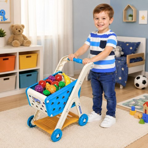 LEAN Toys Wózek Sklepowy Dla Dzieci Zakupy Akcesoria Spożywcze Niebieski 26 el.