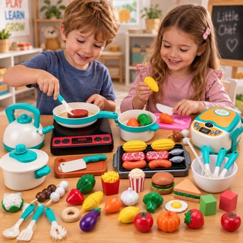 LEAN Toys Zestaw Kuchenny Dla Dzieci Kuchenka Garnki Produkty Spożywcze Dźwięki 90el.