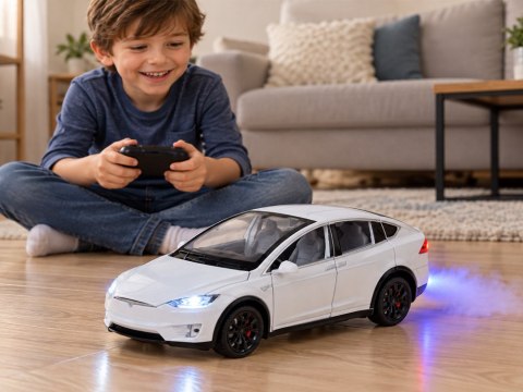 JOKOMISIADA Autko Tesla Model X RC 1:22 metalowy samochód na pilota LED dym RC0772