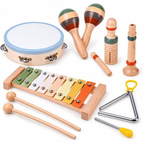 JOKOMISIADA Instrumenty muzyczne DREWNIANE cymbałki, tamburyn, trójkąt - 6ele IN0191