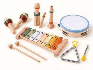 JOKOMISIADA Instrumenty muzyczne DREWNIANE cymbałki, tamburyn, trójkąt - 6ele IN0191