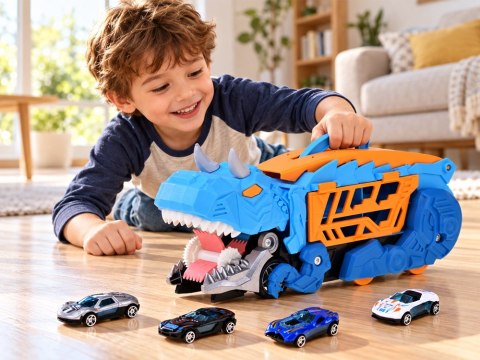 JOKOMISIADA Rozkładane auto 2w1 DINOZAUR garaż zjada pojazdy + znaki i resoraki ZA6595