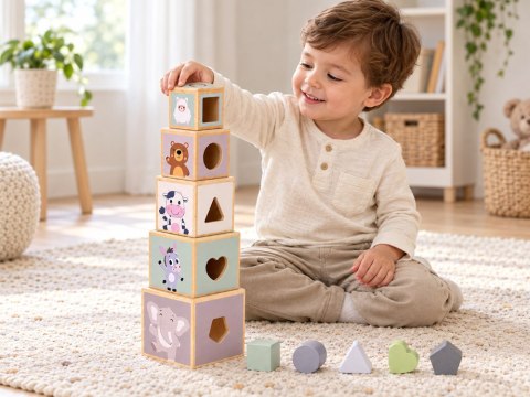 JOKOMISIADA Drewniana piramida edukacyjna + sorter kształtów 2w1 Stonowany kolor ZA6484