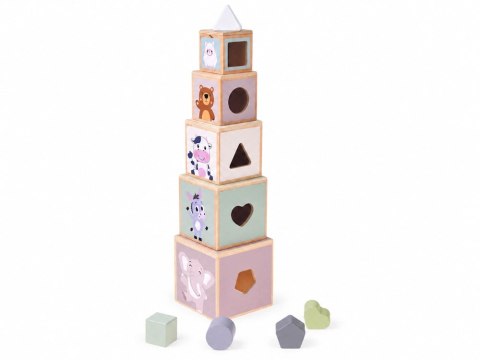 JOKOMISIADA Drewniana piramida edukacyjna + sorter kształtów 2w1 Stonowany kolor ZA6484