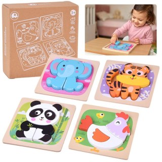 JOKOMISIADA Drewniane puzzle - zestaw 4 układanek panda, słoń, kura, tygrys ZA6259