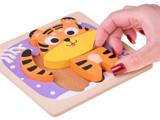 JOKOMISIADA Drewniane puzzle - zestaw 4 układanek panda, słoń, kura, tygrys ZA6259