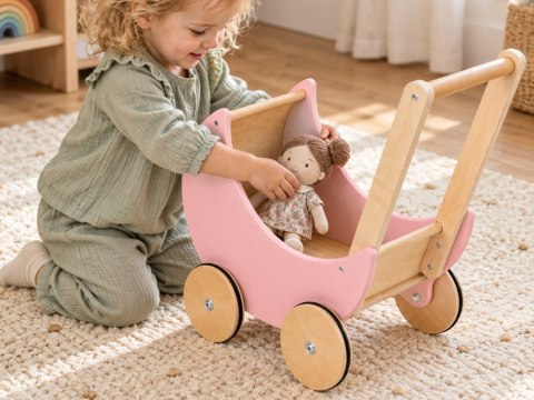 JOKOMISIADA Wózek dla lalek - drewniany RETRO różowy na dużych kołach ZA6482