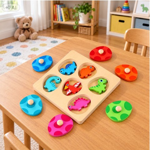 LEAN Toys Drewniana Układanka Edukacyjna Dinozaury Puzzle z Uchwytami Kolorowe