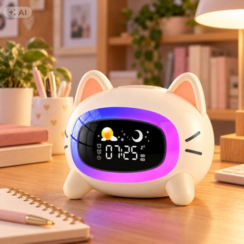 LEAN Wielofunkcyjny Budzik Zegar Elektroniczny Lampka Nocna Trener Snu Kotek