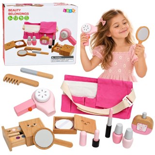 LEAN Toys Drewniany Zestaw Kosmetyków Dla Dzieci Makijaż Kosmetyczka 12 el.