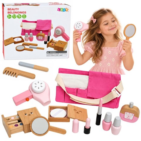 LEAN Toys Drewniany Zestaw Kosmetyków Dla Dzieci Makijaż Kosmetyczka 12 el.