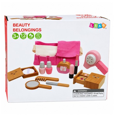 LEAN Toys Drewniany Zestaw Kosmetyków Dla Dzieci Makijaż Kosmetyczka 12 el.