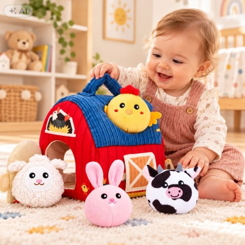 LEAN Toys Pluszowa Farma Ze Zwierzętami Dla Niemowląt Sensoryczna Stodoła 6 Zwierząt