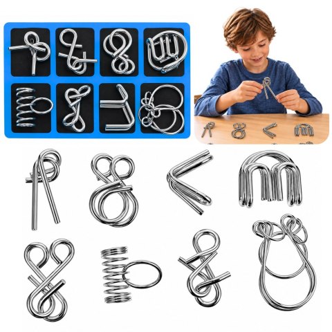 LEAN TOYS Metalowe Puzzle Łamigłówki Logiczne Z Drutu Zestaw Niebieska Plansza 8szt.