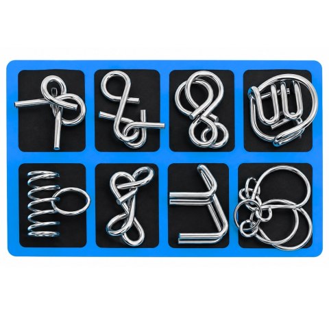 LEAN TOYS Metalowe Puzzle Łamigłówki Logiczne Z Drutu Zestaw Niebieska Plansza 8szt.