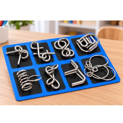LEAN TOYS Metalowe Puzzle Łamigłówki Logiczne Z Drutu Zestaw Niebieska Plansza 8szt.