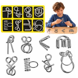 LEAN TOYS Metalowe Puzzle Łamigłówki Logiczne Z Drutu Zestaw Żółta Plansza 8 szt.