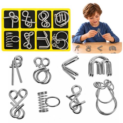 LEAN TOYS Metalowe Puzzle Łamigłówki Logiczne Z Drutu Zestaw Żółta Plansza 8 szt.
