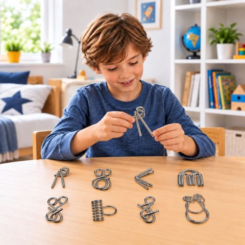 LEAN TOYS Metalowe Puzzle Łamigłówki Logiczne Z Drutu Zestaw Żółta Plansza 8 szt.