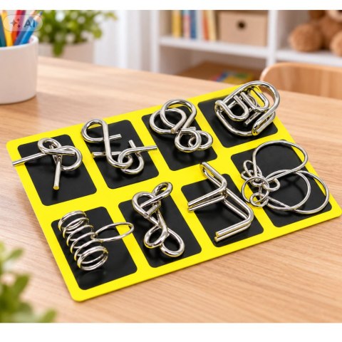 LEAN TOYS Metalowe Puzzle Łamigłówki Logiczne Z Drutu Zestaw Żółta Plansza 8 szt.