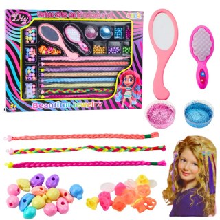 LEAN Toys Zestaw Piękności do Stylizacji Włosów Warkocze Koraliki Brokat Szczotka