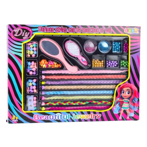 LEAN Toys Zestaw Piękności do Stylizacji Włosów Warkocze Koraliki Brokat Szczotka